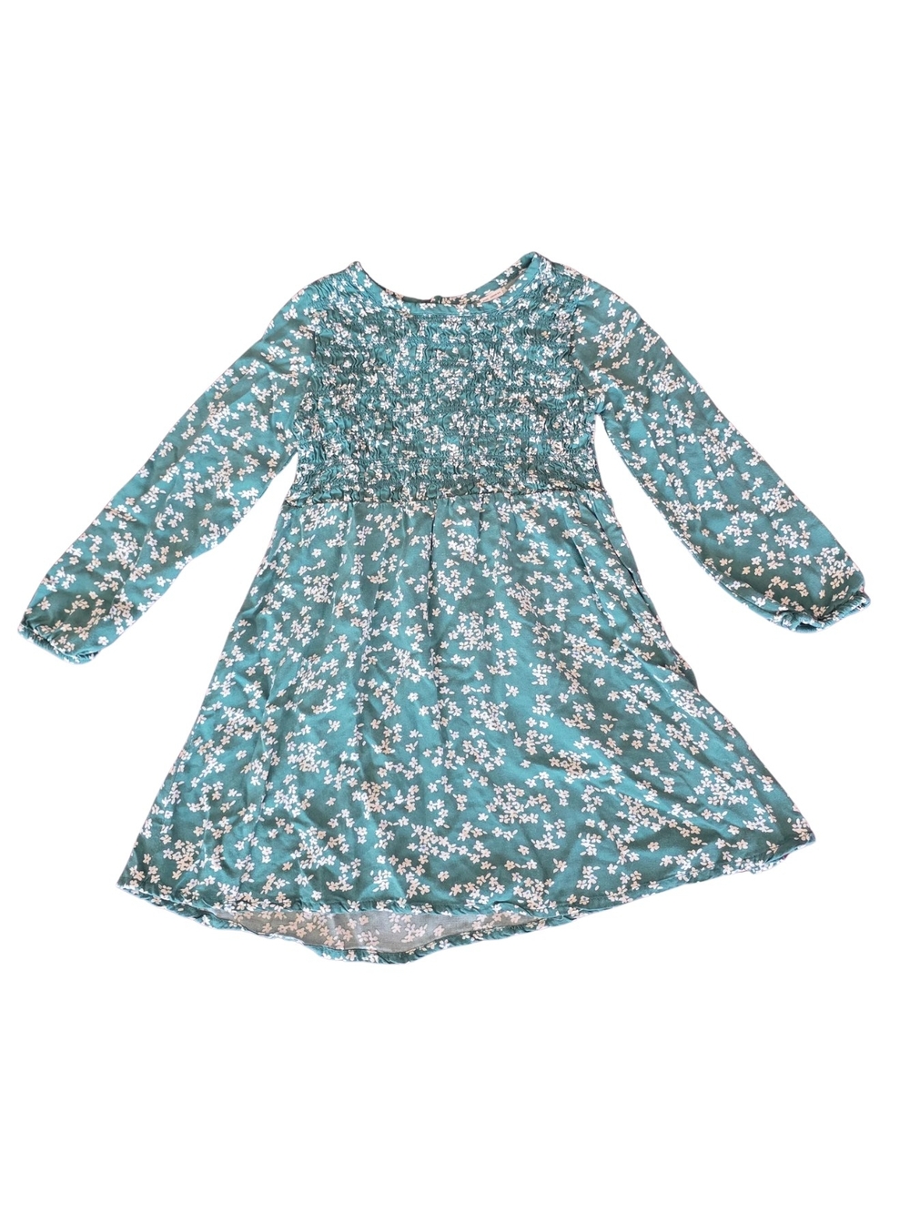 Teal Floral Smocked Long-Sleeve Dress